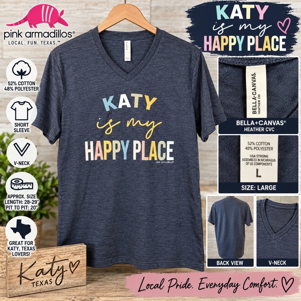 Pink Armadillos Katy Texas Happy Place V-Neck Graphic Tee Navy Blue Large
